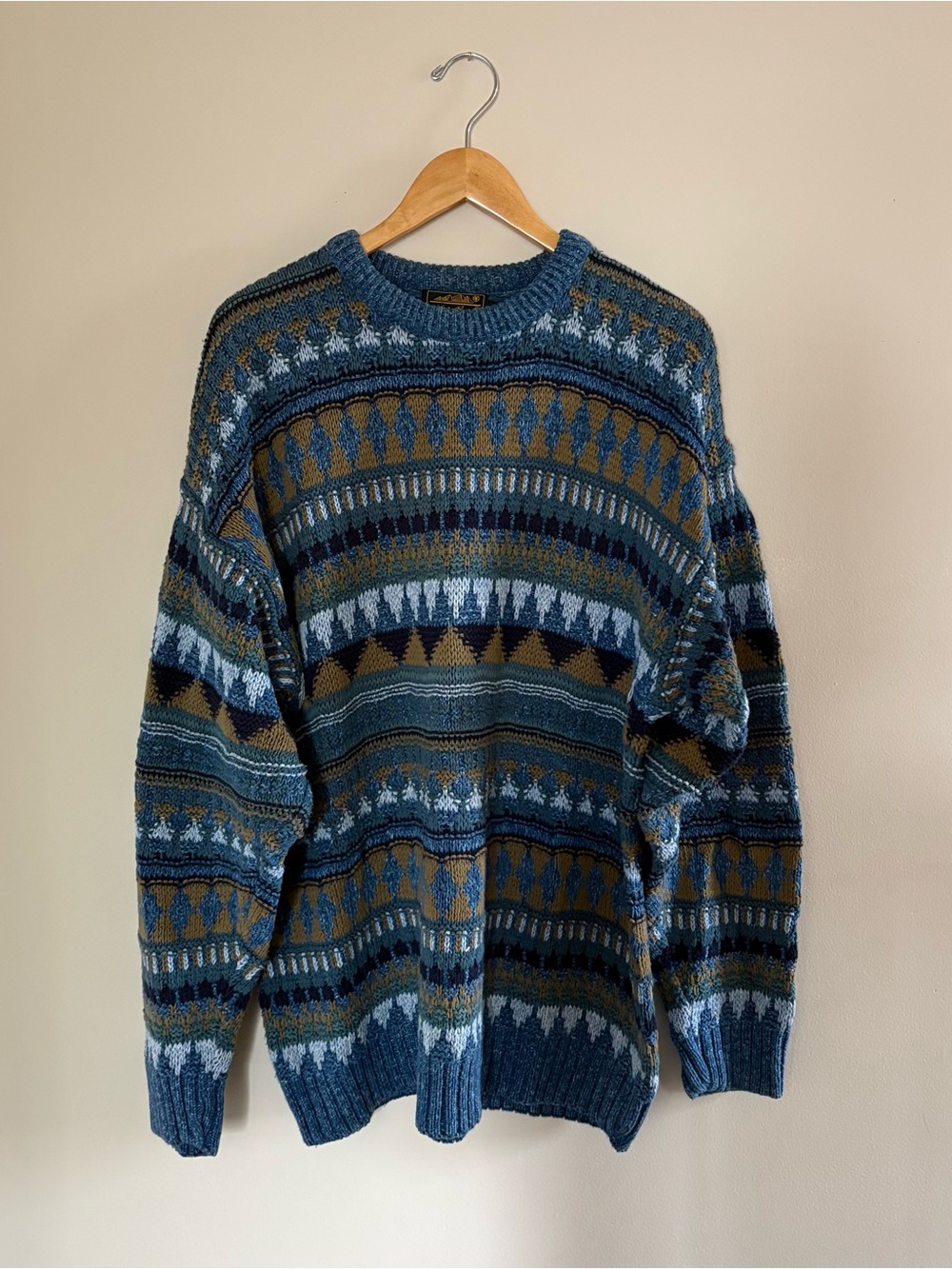 Eddie Bauer Vintage Knit Crewneck Sweater - Blue Patterned Made in USA